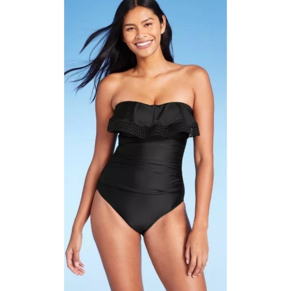 Kona Sol crochet flounce high coverage one piece swimsuit Black Size S